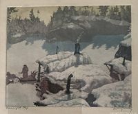 Close-up of aquatint print showing snowy landscape, title “Overnight Stop” lower left and artist’s pencil signature lower right