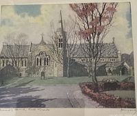 Close-up of the aquatint print showing St. Clement's Church with details of coloring, car, trees, and handwritten title and signature.