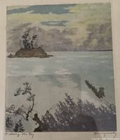 Aquatint print artwork showing a bay with an island and trees with foliage in the foreground, signed by Nicholas Hornyansky.