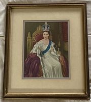Frontal image showing full framed portrait of Queen Elizabeth II at her 1953 coronation seated, wearing crown and royal regalia.