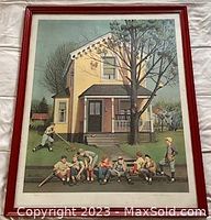 Framed artist's proof painting 'Delayed Ball Game' showing a baseball game in front of a yellow house, signed by the artist