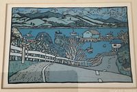 Close-up image of the woodcut art titled 'Mangonui' showing detailed boats, road, hills and vegetation.