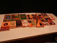 Wide view of the 16 books displayed on a table, showing their size and cover art.
