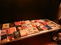 Photo of all 34 fiction romance drama books laid out in a single row on a table, showing various covers and titles.