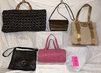 Overview of all five purses arranged against a white cloth background: LOVECAT pink barrel handbag, Frenchie brown clutch, Nordstrom woven tote, beige tote, and black leather shoulder bag.