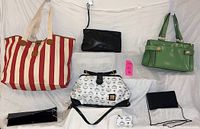 Overview of six purses in the lot arranged on white backdrop, showing varied styles and colors