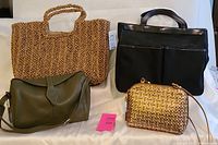 Four purses displayed together: woven tote, black fabric Caslon purse, olive green Nordstrom leather shoulder bag, and gold-bronze woven leather bag