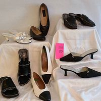 All six pairs of ladies shoes arranged on white cloth display showing various styles and colors