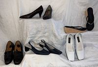 Five pairs of women's shoes displayed on white backdrop: black leather fringe loafers, white flats, navy slingback heels, black wedge thong sandals, and dark brown embossed leather heels.
