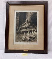 Full framed engraving showing the scene of the girl, dog, and geese, with visible artist plaque on frame.