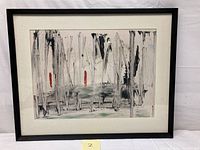 Frontal image of the framed watercolor painting showing the abstract vertical strokes and color accents