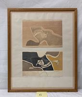 Full view of framed lithograph showing abstract double-panel composition with artist signature and numbering.