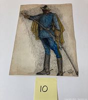 Full view of the signed pen and ink drawing of a swashbuckler, showing the figure in blue outfit with yellow cape and sword.