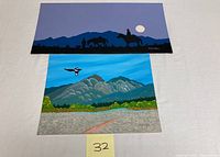 Two acrylic paintings by Jonathan Warm Day titled "The Way to Spoon Mountain" and "Night View from Across the Moon," showing both paintings laid out flat on a light surface.