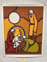 Full view of the 'Medicine Child' lithograph showing four stylized figures in bright colors with a rainbow and sun motif.