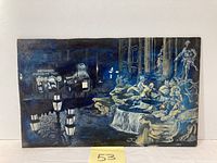 Full view of vintage oil painting on masonite showing night scene of La Fontana Di Trevi fountain with surrounding areas illuminated by street lamps.