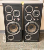 Front view of both Wharfedale E70 speakers with grilles installed