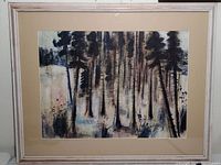 Straight-on photo of the watercolor painting showing the woodland scene and frame.