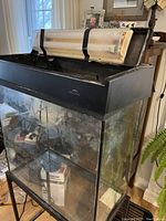 Full view of aquarium tank with black frame and hinged hood slightly open holding a rolled item inside.