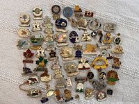 Top-down photo showing over 50 various Lioness Canada pins laid out on fabric, featuring logos, Canadian flags, and event motifs.