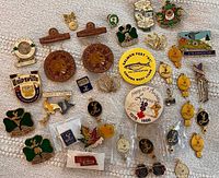 Pin collection spread on white textured fabric including wooden and metal Lioness Canada pins, various district and convention pins from 1980s to 1990s.