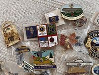 Photo showing assorted Lions Club Canada pins with various designs and colors, some sealed in plastic.