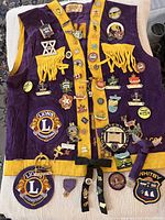 Front view of purple Lions Club vest showing many pins attached to the vest body and yellow trim.
