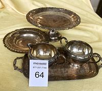 Full lot showing cream and sugar set, tray, cookie plate, and pedestal dish with seller number card
