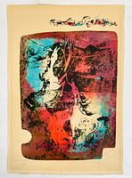Photo of signed abstract print showing colorful organic shapes and artist signature, unframed on cream background.