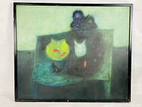 Frontal view of the framed abstract artwork with greenish and dark tones, showing an abstract still life composition.