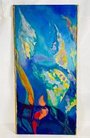 Full view of the large vertical abstract oil painting showing the color composition and overall condition.