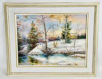 Full frontal image of the framed signed F. Newton oil on board painting showing winter landscape with snow, trees, river and cabin.