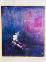Full front view of the oil on canvas painting with abstract dark blue and purple tones and wood frame visible.