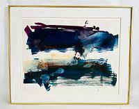 Framed original abstract watercolour painting signed in pencil by Heather O'Connor, dated 2004. Shows the full artwork and frame.
