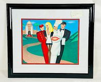 Full view of the framed colorful print showing four stylized characters and a building pathway scene.