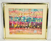 Front view of the framed chalk pastel drawing showing the colorful artwork, mat, glass, and metallic frame.