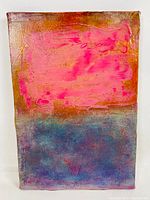 Image showing front of the painting with abstract colorful textured surface in pink, orange and blue hues.