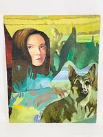 Full view of the oil painting showing the woman's face and the dog with a colorful abstract background.