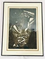 Full view of framed watercolour painting print with stylized abstract figure in dark and white tones.