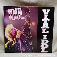 Front cover of the Billy Idol Vital Idol vinyl album showing the artist performing live on stage.