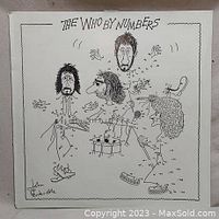 Front cover of The Who by Numbers album showing illustrated caricatures of band members drawn in black line art on white background.