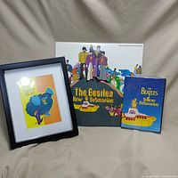 Overall shot of Coca vinyl album, DVD, and framed Blue Meanie print with beige background.