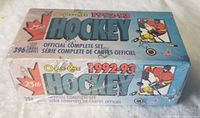 Oblique view of factory sealed 1992-93 O-Pee-Chee Hockey set box showing complete set branding and 25th anniversary maple leaf logo.