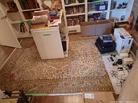 Overall view of rug laid out in room with bookshelves and electronics removed
