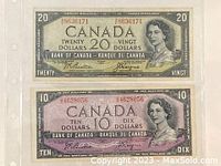 Front of two notes: green $20 above purple-pink $10, showing Queen Elizabeth II portraits and red serial numbers.