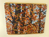 Full view of oil on canvas painting 'Fall Rhapsody' featuring a large tree with autumn leaves.