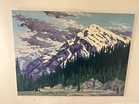Full view of painting showing mountain, forest, roadway and figures