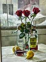 Close‐up view of painting showing three red roses in glass vase with pears and window scene