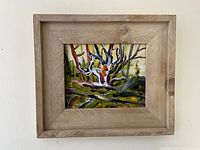 Front view of the framed oil painting showing the entire artwork titled 'Temagami' by Jeff Miller.