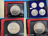 Four-panel close-up of three 1972 Canada silver dollars in slab holders showing obverse and reverse details